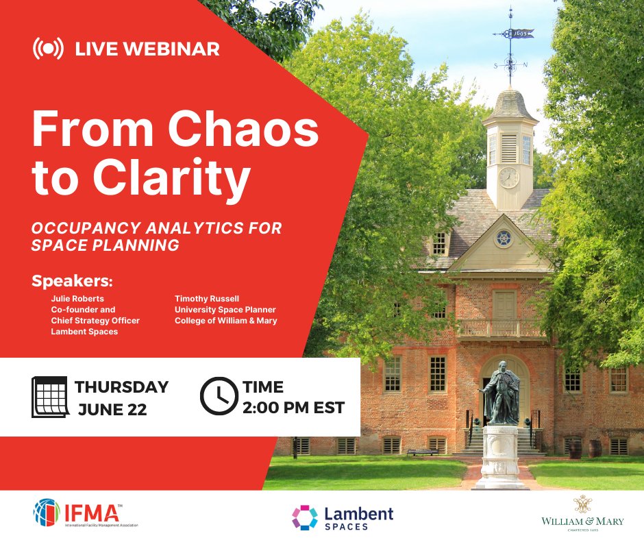LambentSpaces's tweet image. 🔔Thursday Live!

Smart #spaceplanning on #college campuses start with #occupancyanalytics and end with student success.

Join our customer @williamandmary's Campus planner and @Armored_Jewels for "Chaos to Clarity" with occupancy insights.
👉 Register: lnkd.in/etQv3YMv