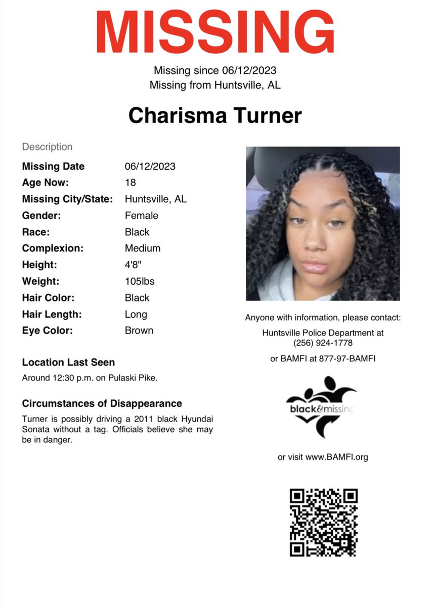 Huntsville, AL: 18 y/o Charisma Turner was last seen on June 12th around 12:30pm on Pulaski Pike. Officials believe she may be in danger. #HelpUsFindUs #CharismaTurner