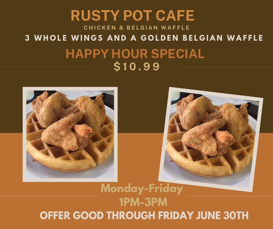RustyPotCafe's tweet photo. Chicken and Waffle Happy Hour Special #Breakfast #chicken #fyp #brunch #bestbreakfasinglewood #bestbreakfastlosangeles #friedchicken #waffles #rustypotcafe https://t.co/VFrcEX7iNN