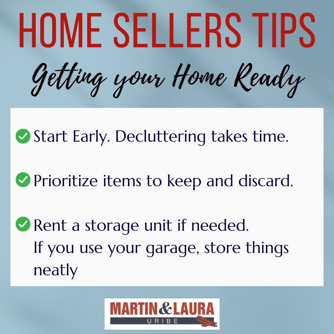 2️⃣ tips on how to get your ready for the market:

1. Start Early. Decluttering is a process that can take time.

2. Prioritize the items you want to keep and the items you want to get rid of. 

Martin & Laura Uribe #FirstTeam #realestate #MartinAndLaura4RE #Irvine #sellingahome