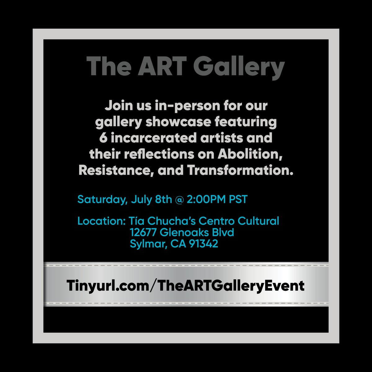 We’re excited to announce our 2023 ART Gallery event where we will showcase art from 6 selected incarcerated artists 🎨 

The ART Gallery event will take place <a href="/TiaChucha/">Tia Chucha</a> on Saturday, July 8th, at 2:00PM!

RSVP: Tinyurl.com/TheARTGalleryE…

All are welcome 🥳