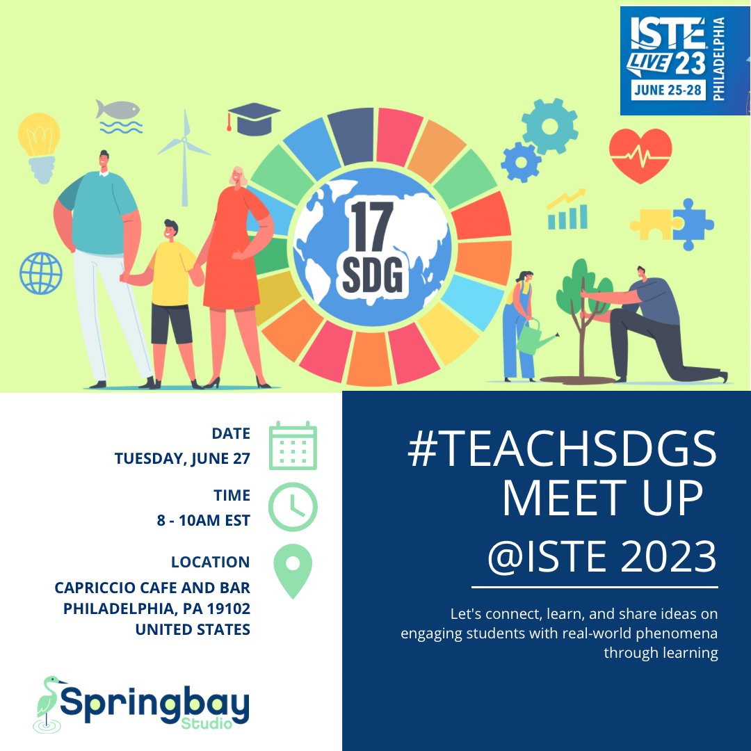 SpringbayStudio's tweet image. Calling educators #TeachSDGs! Add this unique meetup to connect, share and learn from like-minded people! bit.ly/3NdCUn0 
When: Tue 8-10am EST
Where: Capriccio Cafe and Bar @ Cret Park
#ISTELive @mbfxc  @SMILELearning @m_drez @DeannPoleon do you know anyone?