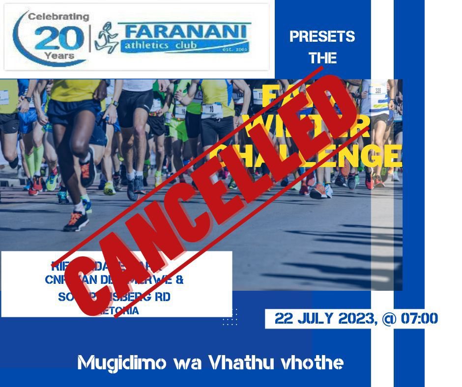 farananiac1's tweet photo. It is with great disappointment that we communicate the cancellation the Fara Winter Challenge scheduled for 22 July 2023.
We apologise for the inconvenience that will result from this cancellation.
#BlueTrainMovingForwardWithAPurpose💙
#FaraWinterChallenge2023 https://t.co/hNjvkWfMTl
