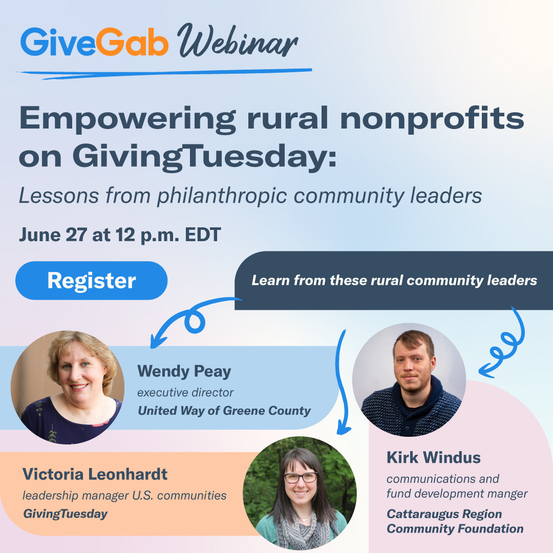 GiveGab is now Bonterra (@givegab) on Twitter photo Join us on June 27 at 12:00 p.m. EDT to hear how rural community leaders have successfully leveraged digital fundraising tools on <a href="/GivingTuesday/">GivingTuesday</a> to empower local nonprofits to reach larger audiences and identify new donors. Register here: bonterratech.zoom.us/webinar/regist… Join us on June 27 at 12:00 p.m. EDT to hear how rural community leaders have successfully leveraged digital fundraising tools on <a href="/GivingTuesday/">GivingTuesday</a> to empower local nonprofits to reach larger audiences and identify new donors. Register here: bonterratech.zoom.us/webinar/regist…