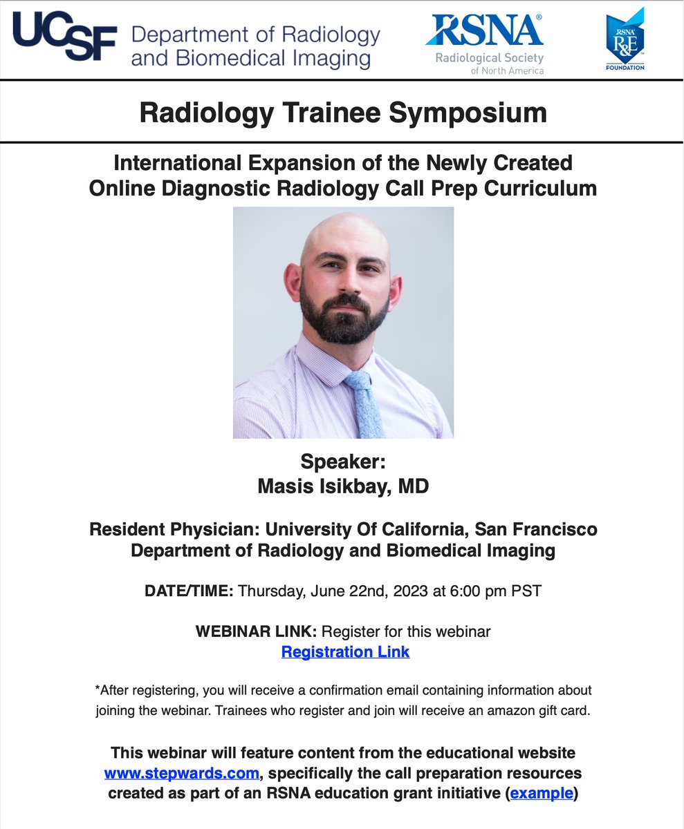 Please join an upcoming symposium on call prep resources we have established at UCSF that we are expanding to an international effort (with RSNA grant support). Zoom registration: ucsf.zoom.us/webinar/regist… #RadInTraining @radiology_rsna @UCSFimaging