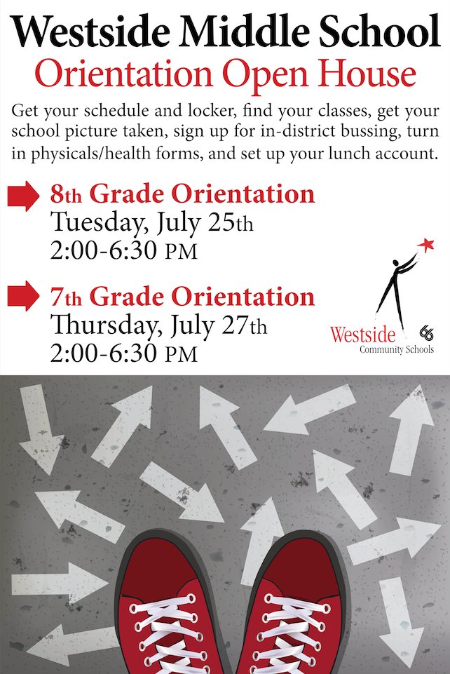 WMS students/parents, don't forget the WMS Orientation Open House!

8th grade
Tue, Jul 25
2-6:30P

7th grade
Thu, Jul 27
2-6:30P

Get your schedule, find your locker, pictures, turn in physicals forms – get to know the place!

#WeAreWestside