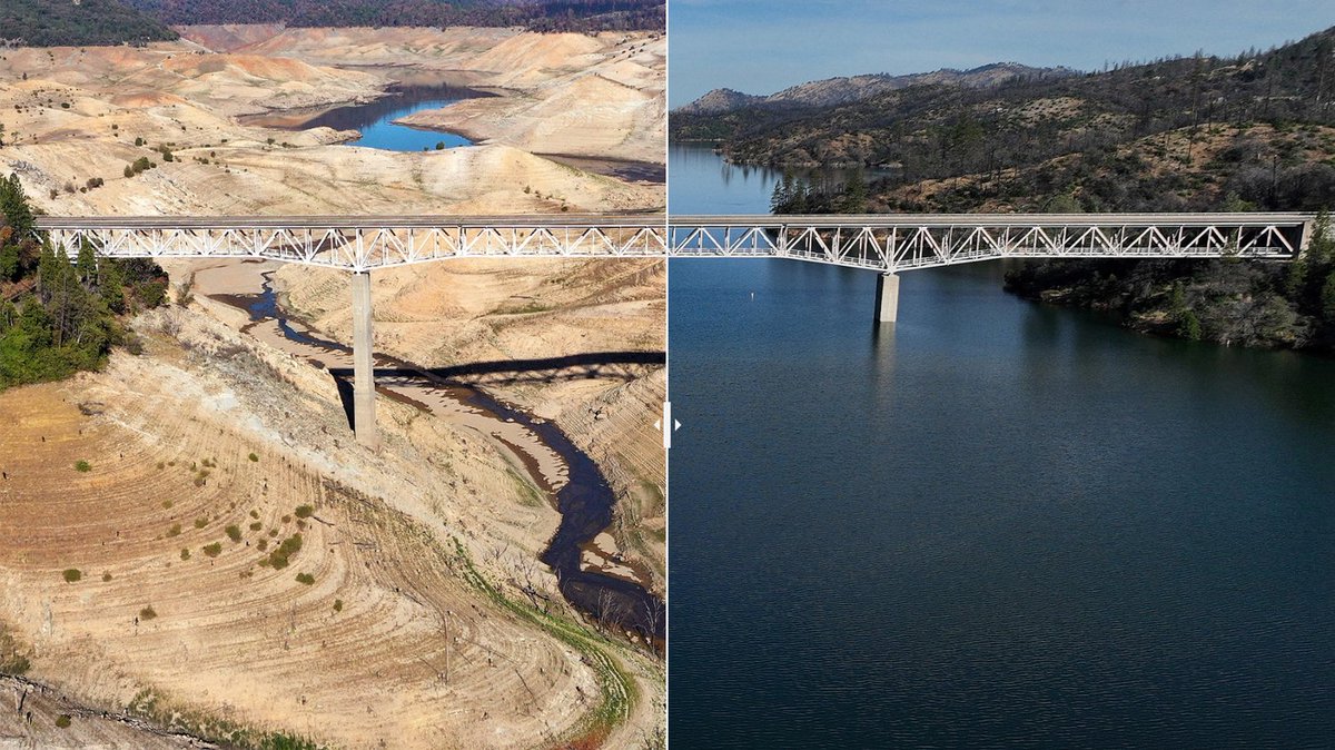 nbcbayarea's tweet photo. Before-and-after images show the dramatic changes at California's Lake Oroville following a series of powerful winter storms. https://t.co/zLW4ESXTGX https://t.co/bLY4GX1tfU
