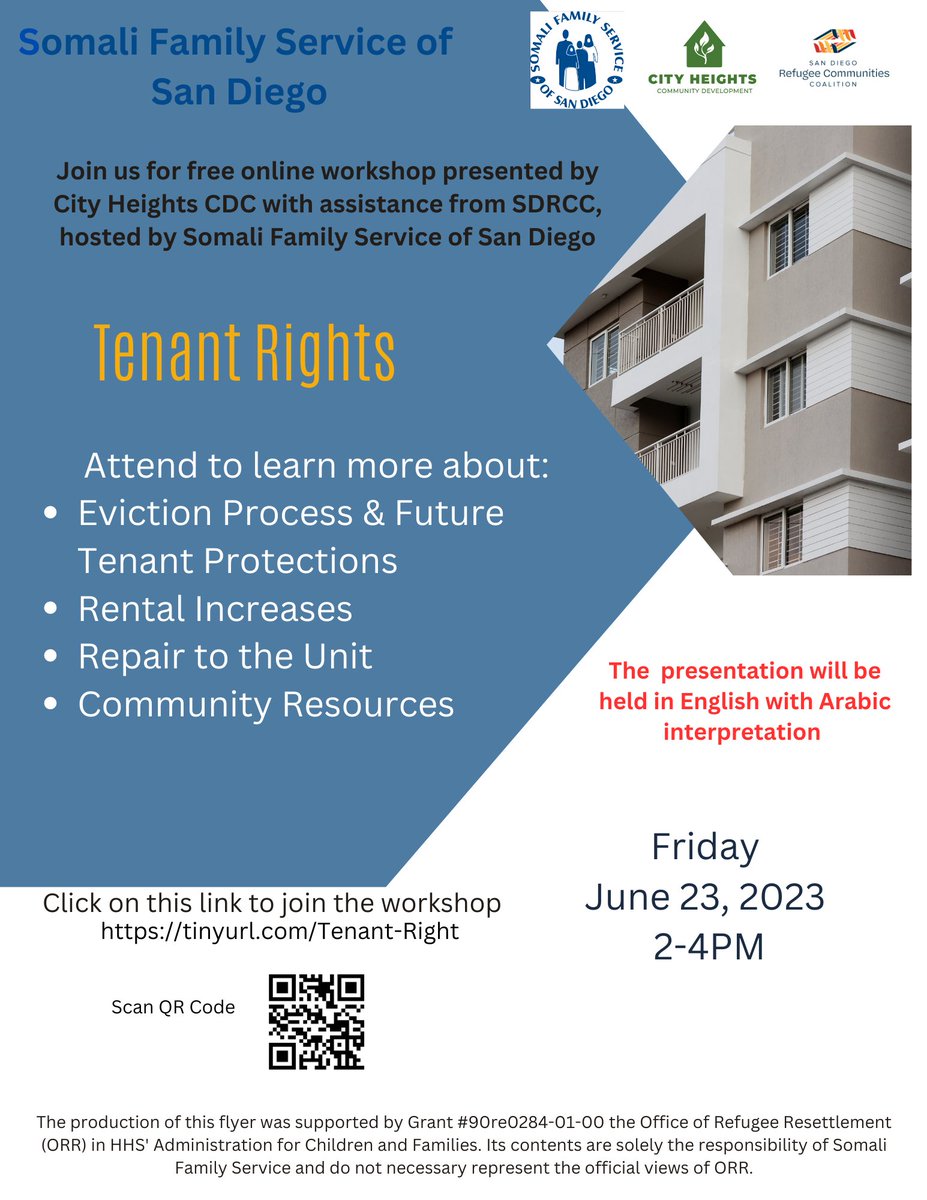 You're invited to join Somali Family Service for a Tenant Rights online workshop, Friday, June 23rd, 2-4PM, presented by <a href="/cityheightscdc/">City Heights CDC</a> w/ assistance from San Diego Refugee Communities Coalition. Presented in English with Arabic interpretation. Register: tinyurl.com/Tenant-Right
