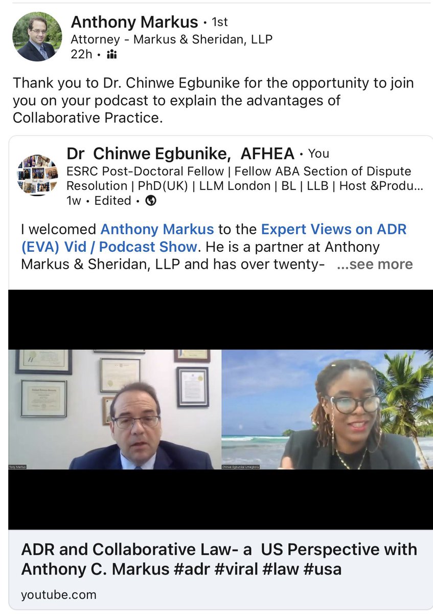 Thank you for the excellent #feedback, Anthony Markus. It was a pleasure interviewing you on <a href="/ExpertViewsADR/">Dr Chinwe Egbunike</a> . You opened my eyes to things I never knew about collaborative law practice. Your passion and knowledge were truly inspiring &amp; informative #adr #podcast