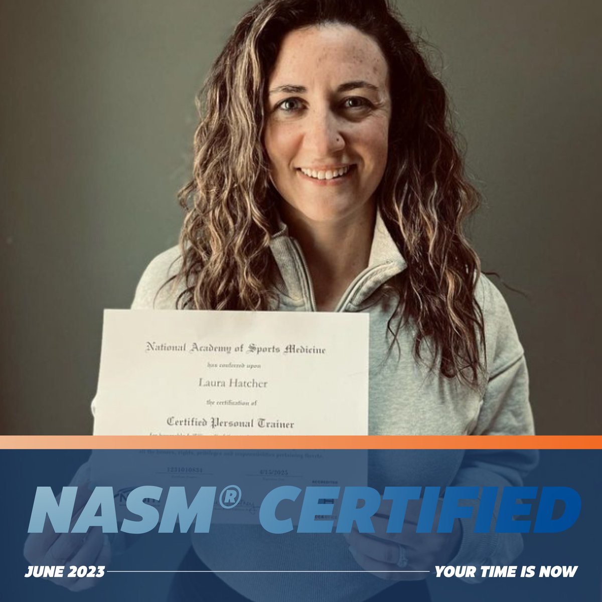 NASM's tweet photo. Congratulations to Laura for passing her NASM certification exam!
Way to stick to studying and completing this awesome accomplishment! NASM community, let’s give Laura a warm welcome by dropping some congratulations below! #IAMACPT #NASM https://t.co/dcHs9Hcsen