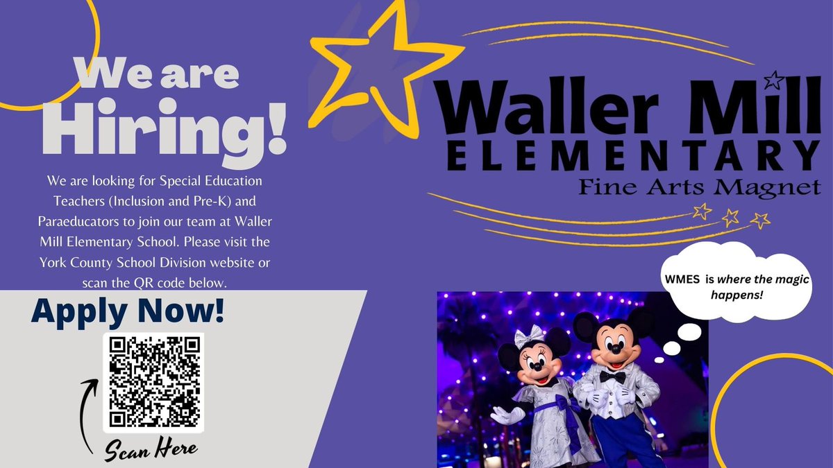 KhristaBrownlee's tweet image. If you are looking for a great place to work with AMAZING staff, @WallerMillES is THE home for you! Please visit the @YCSD website or scan the QR below! Help us get the word out by retweeting this tweet! #WMES #SHININGSTARS #YCSD