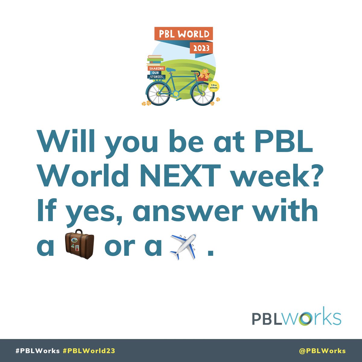 PBLWorks's tweet photo. PBL World 2023 is ONE week away!

Will you be joining us in Napa Valley, CA? If yes, we have a prompt for you! Also, please share with us where you are coming from. Let’s kickstart the excitement! 

#PBLWorks #PBLWorld #PBL #Countdown #EdConferences https://t.co/66TwnIu2PH