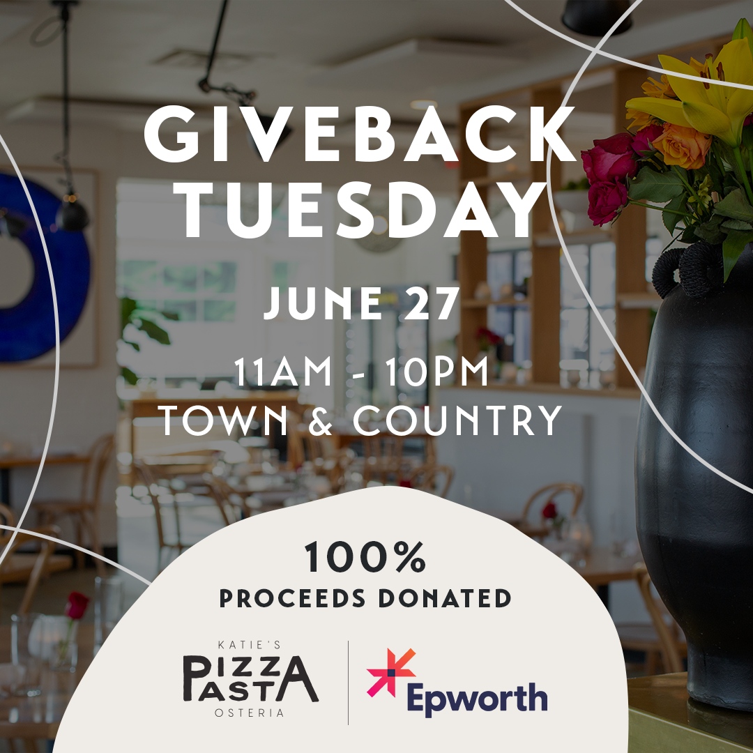 Next week! Treat yourself to something delicious from @katiespizzaandpasta for #givebacktuesday and help Epworth while you're at it! See you there!