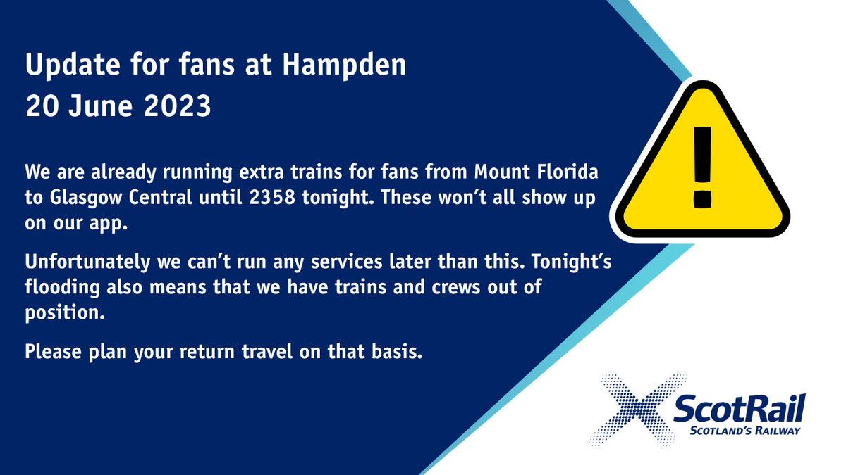 We're already running extra trains from Mt Florida to Glasgow Ctl until 2358 tonight - not all will show on our app.

Unfortunately we can’t run services later than this. Tonight’s flooding also means trains & crews are out of place.

Please plan your return travel on that basis.