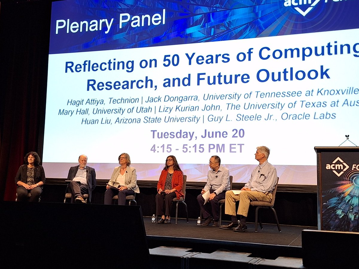 thoefler's tweet photo. @TheOfficialACM and @CRAtweets #FCRC23 50 years of computing panel is going on right now. Chaired by Mary Hall from @UUtah - with #HPC's own Jack Dongarra and many other luminaries in computing! https://t.co/cMgSae8ZEB