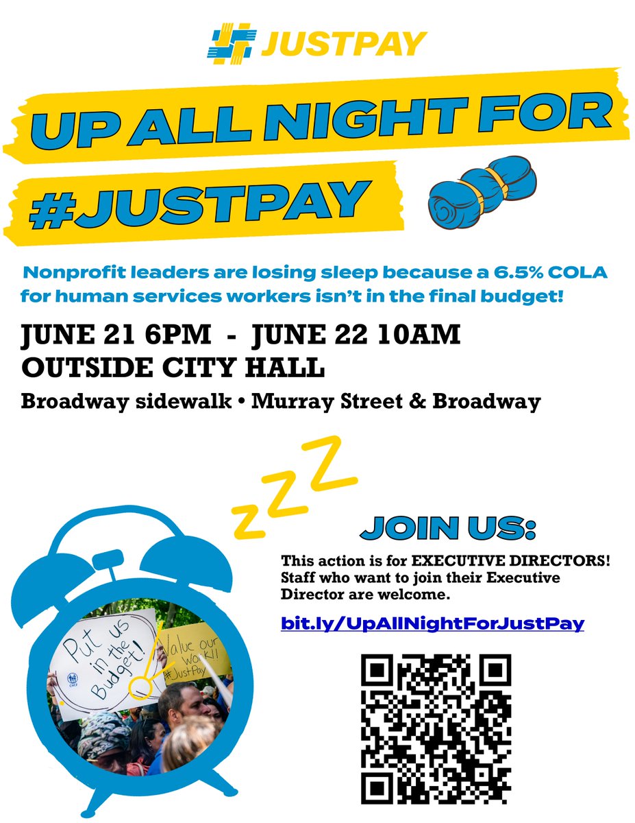 HSC_NY's tweet image. What keeps us up at night!? The #JustPay fight!

That’s why nonprofit leaders are staying up all night for #JustPay TOMORROW outside City Hall. We won’t stop until @NYCMayor funds a 6.5% COLA and multi-year deal for human services workers!
