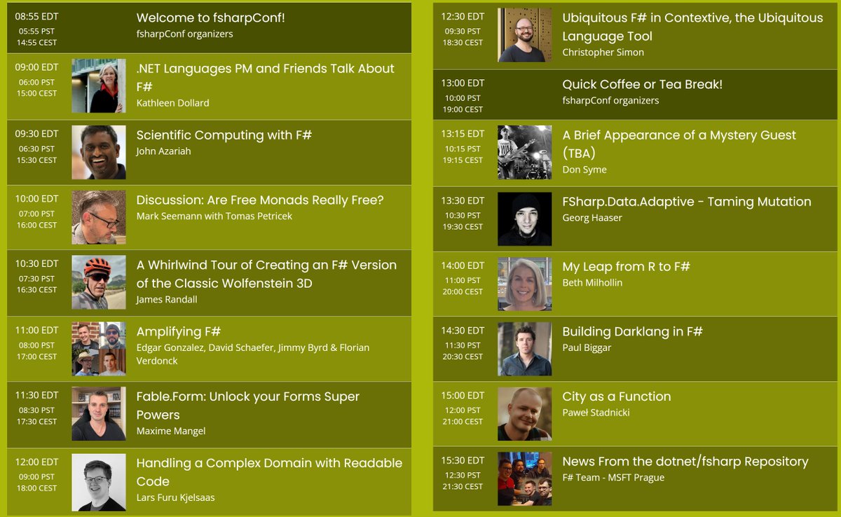Just 6 days to go! But we *already* have an agenda with talk titles and time slots. Talks will be recorded, but we love live interactions, so join us on Monday if you can! #fsharp