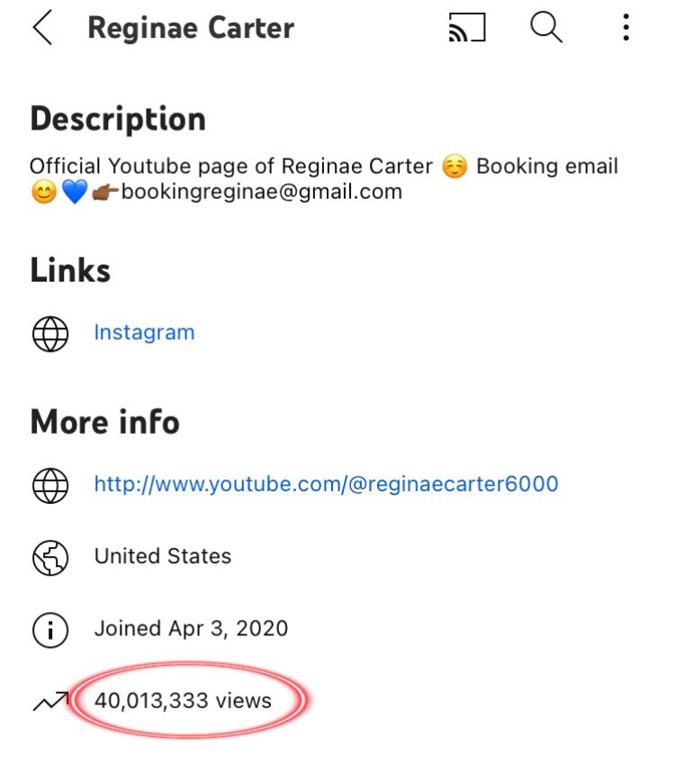 @reginae_carter1 has reached over 40 million total views on YouTube!!! 👏🏾👏🏾👏🏾 Keep pushing Nae!! #reginaecarter