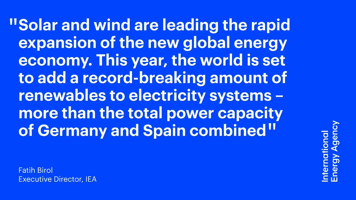 IEA's tweet photo. 🗣 “The world is set to add a record-breaking amount of renewables to electricity systems – more than the total power capacity of Germany &amp; Spain combined”
 
Read more from IEA Executive Director @fbirol on the latest trends in renewable energy markets → https://t.co/kW8KWqU8P8 https://t.co/MSDxL9R8ZW