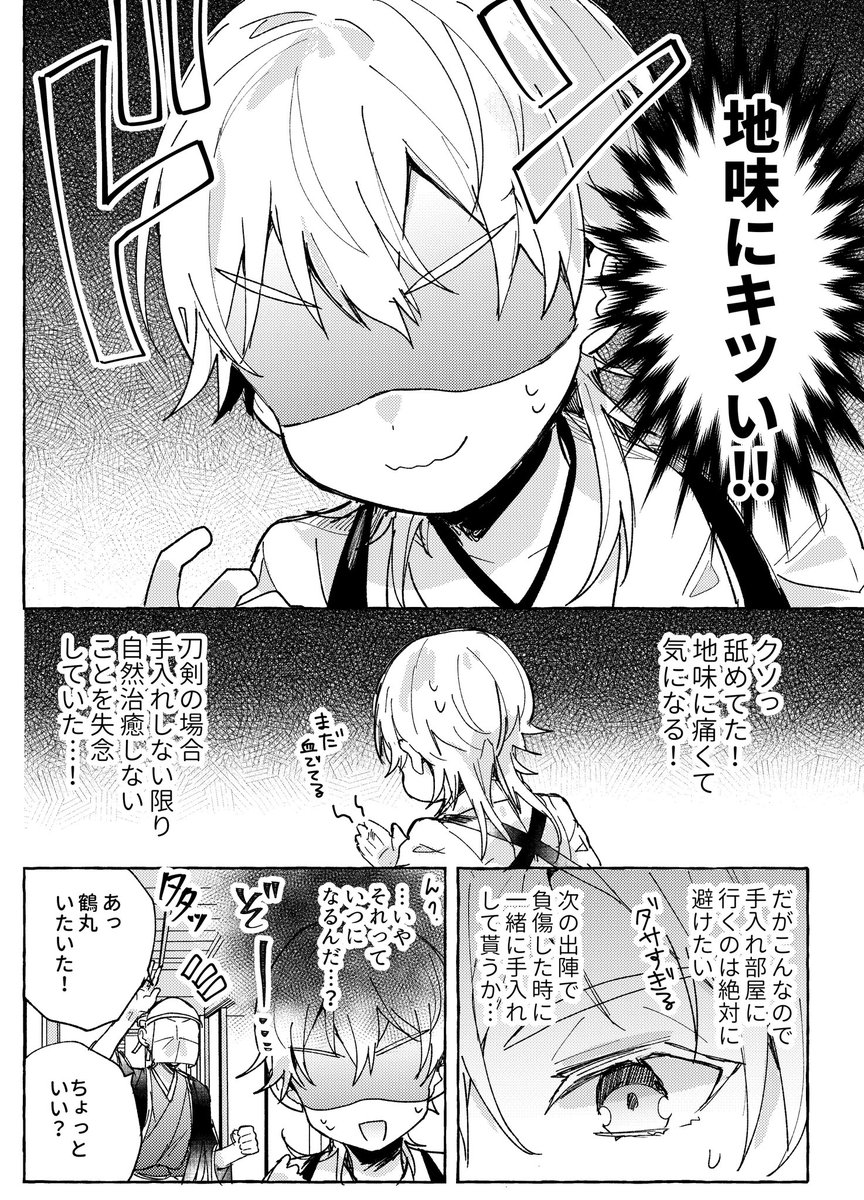 アホな理由で怪我したので隠したい鶴丸の漫画(1/2)  ※モブ審神者います