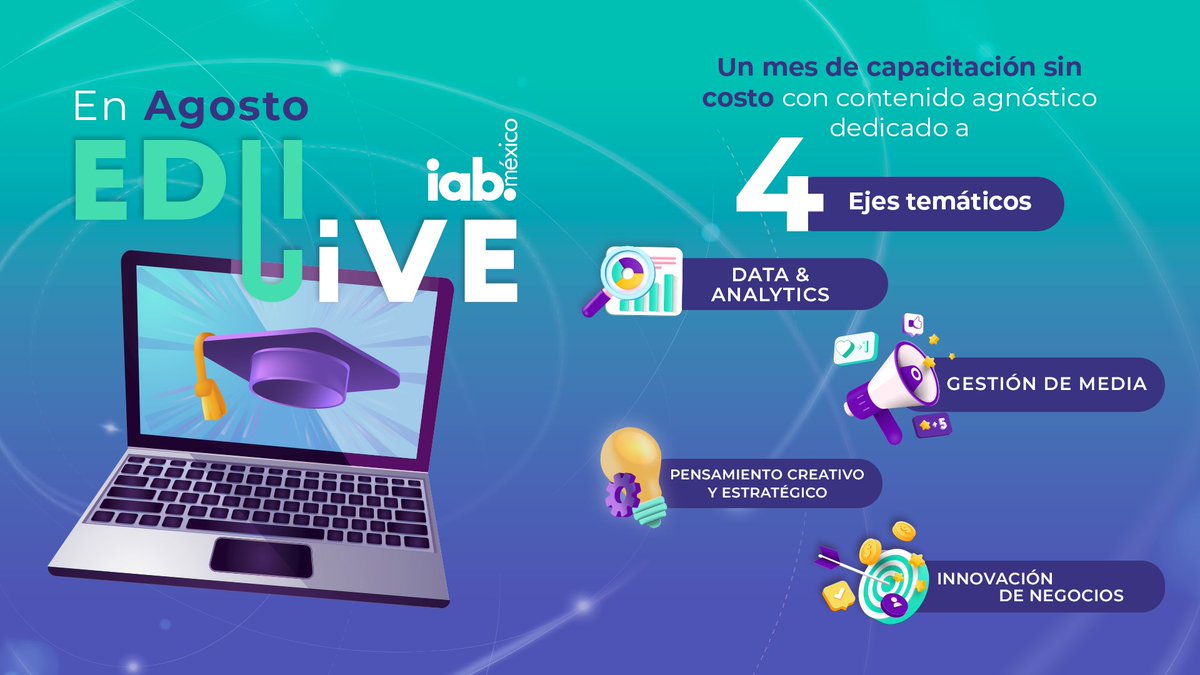 IABMexico's tweet photo. ¿Estás listo para ampliar tus conocimientos? 👀🙌🏻

Regístrate ahora mismo y asegura tu lugar en #EduLive un mes de capacitación sin costo.📚 Descubre los eje temáticos que tenemos para ti, desde data y analytics hasta innovación de negocios.😱🤩

¡No te lo pierdas en Agosto! https://t.co/7u0zDHgGSr

#data #analytics #negocios #IABeduca #capacitación