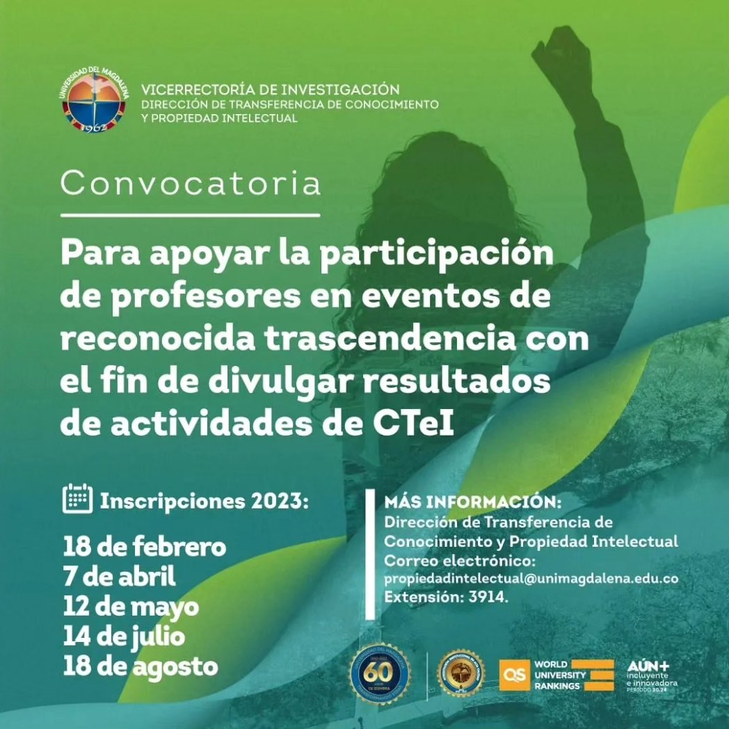VInUnimagdalena's tweet photo. #RecuerdaUM| 📢Tenemos las siguientes convocatorias disponibles para estudiantes de pregrado, posgrado y docentes de nuestra Alma Máter.
🌐 En nuestro portal #CoLabUM podrás conocer las diferentes convocatorias para la financiación de la investigación, innovación y proyectos. https://t.co/4mOKFC2c3y