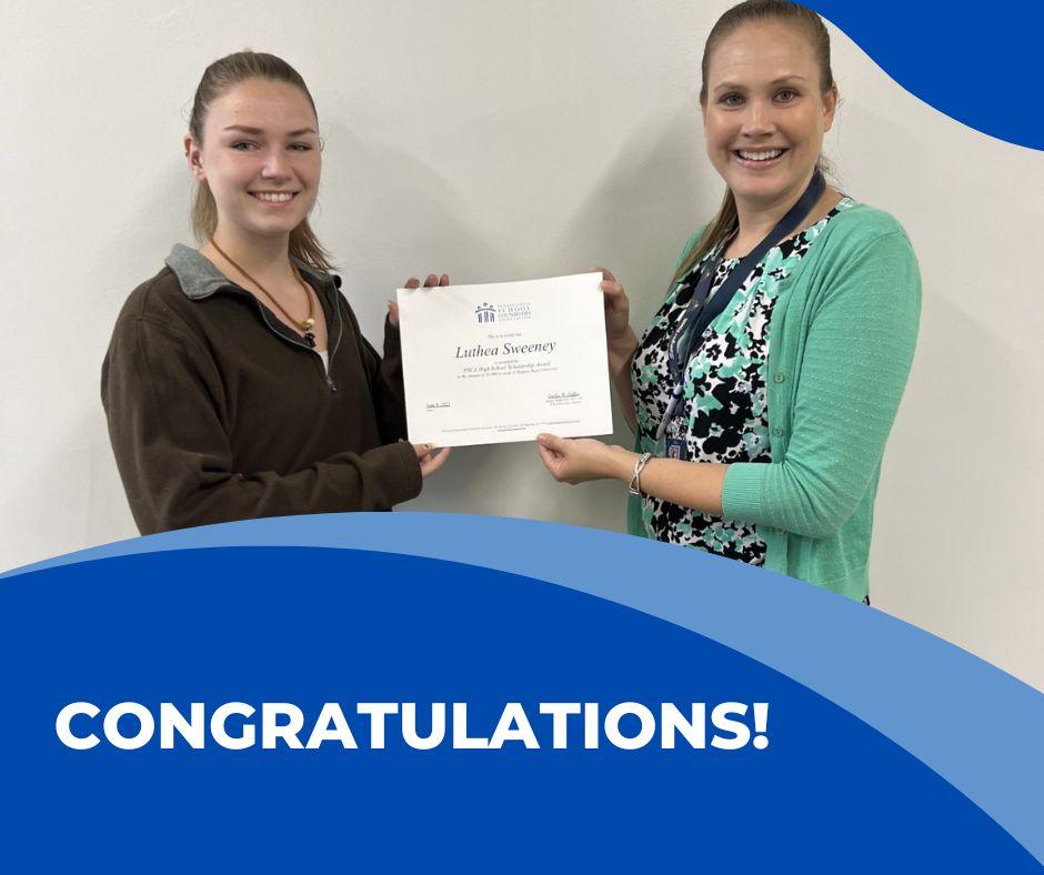 Luthea Sweeney received the 2023 PSCA High School Scholarship from Christy Mogel last week! Luthea will be attending Slippery Rock University in the Fall. Congratulations!