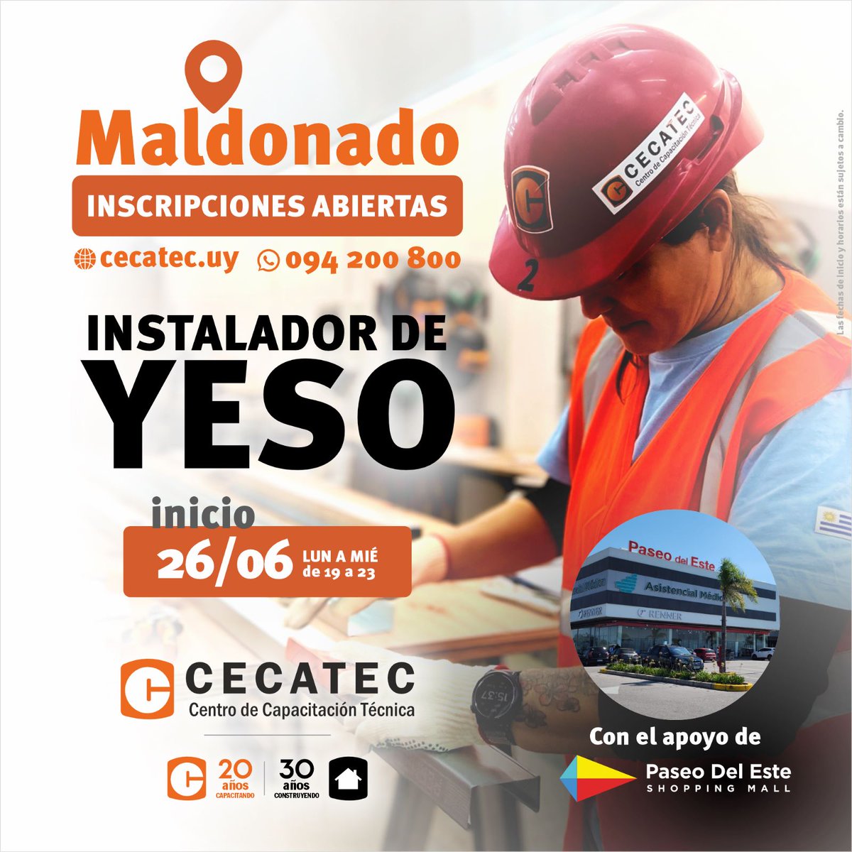 📍 ¡Volvemos a Maldonado! 

Muy cerca de vos, una oportunidad que no podés dejar pasar.  𝗖𝘂𝗿𝘀𝗼 𝗱𝗲 𝗬𝗲𝘀𝗼 𝗽𝗮𝗿𝗮 𝘁𝗼𝗱𝗼 𝗽𝘂́𝗯𝗹𝗶𝗰𝗼.   
Aprendé a instalar tabiques, cielorrasos y revestimientos de yeso.   

¿Te vas a quedar afuera? ¡Los lugares son limitados!