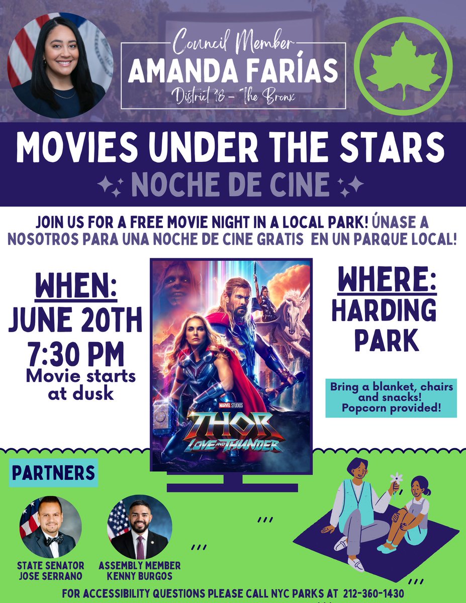 CMAmandaFarias's tweet image. Tonight! 

Join @SenatorSerrano, @KennyBurgosNY, and I for a movie night in #HardingPark to watch Thor: Love and Thunder.✨🍿

The suggested arrival time is at 7:30 PM, but the movie will officially start at sundown. Hope to see you there.