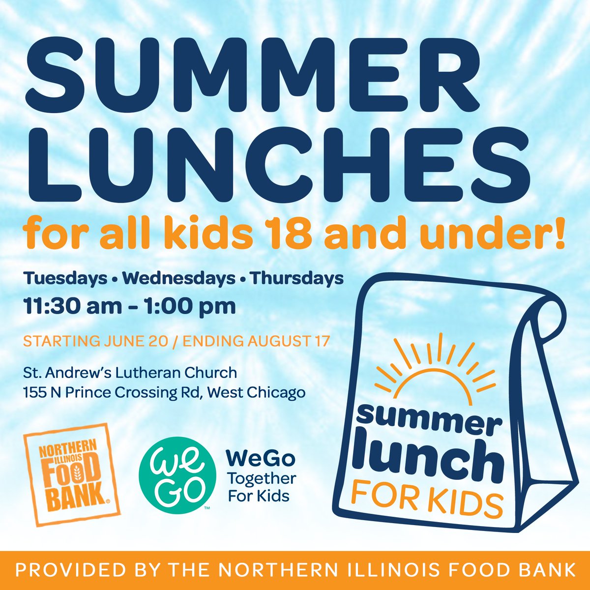 WeGo Together for Kid's summer lunch program begins TODAY at 11:30am! All kids are welcome to join them on Tuesdays, Wednesdays and Thursdays this summer to receive a free lunch.