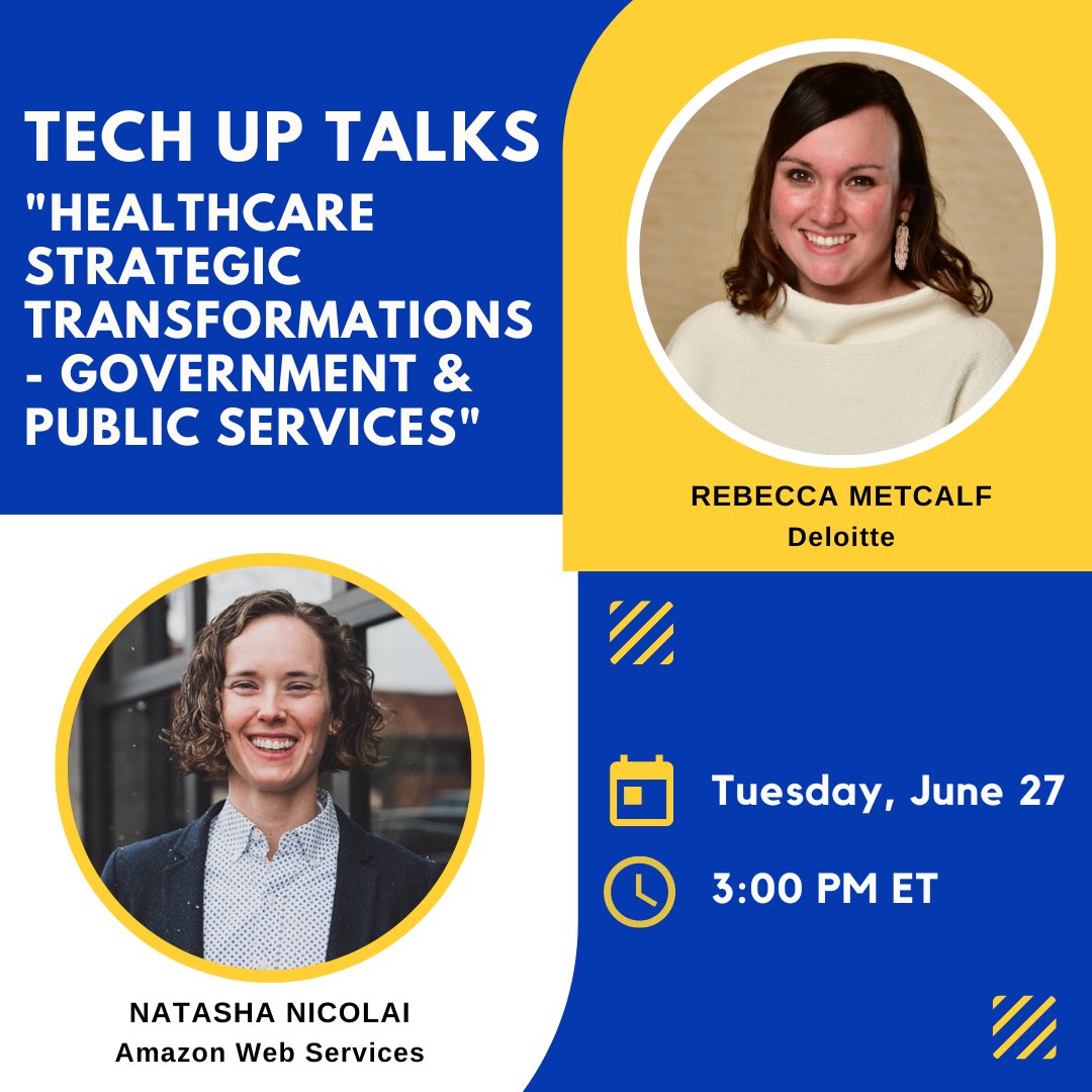Join us Tuesday, June 27, at 3:00 PM ET for our “Healthcare Strategic Transformations - Government & Public Services” Tech Up Talk with Natasha Nicolai of AWS and Rebecca Metcalf of Deloitte Consulting! Register at us02web.zoom.us/webinar/regist…!! 💙👩‍💻#techupforwomen