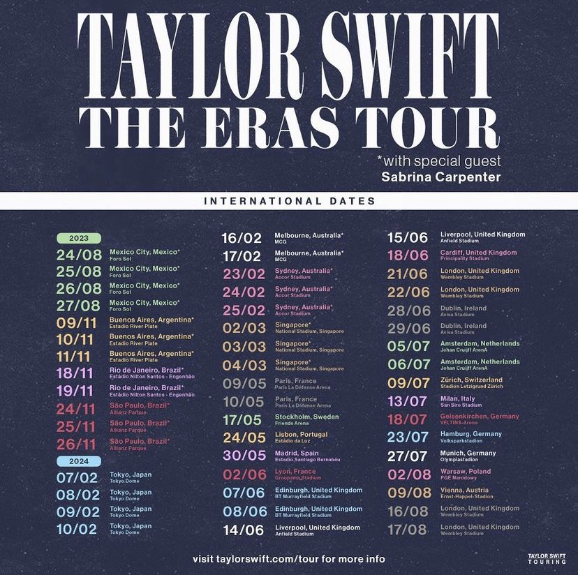 Taylor Swift unveils international dates for the Eras Tour with special guest Sabrina Carpenter.