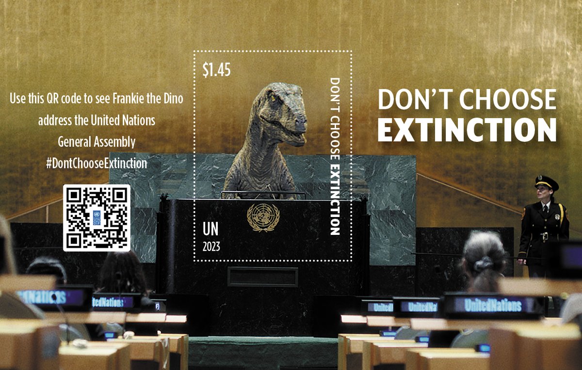 .@unstamps supports the @UNDP's #DontChooseExtinction campaign with the issuance of new #stamps featuring @frankiethedino, the @UN #climate champion🦖

The QR code on the #stamp sheet leads to the full video of Frankie calling to take #ClimateAction✅

bit.ly/3CEC1iQ