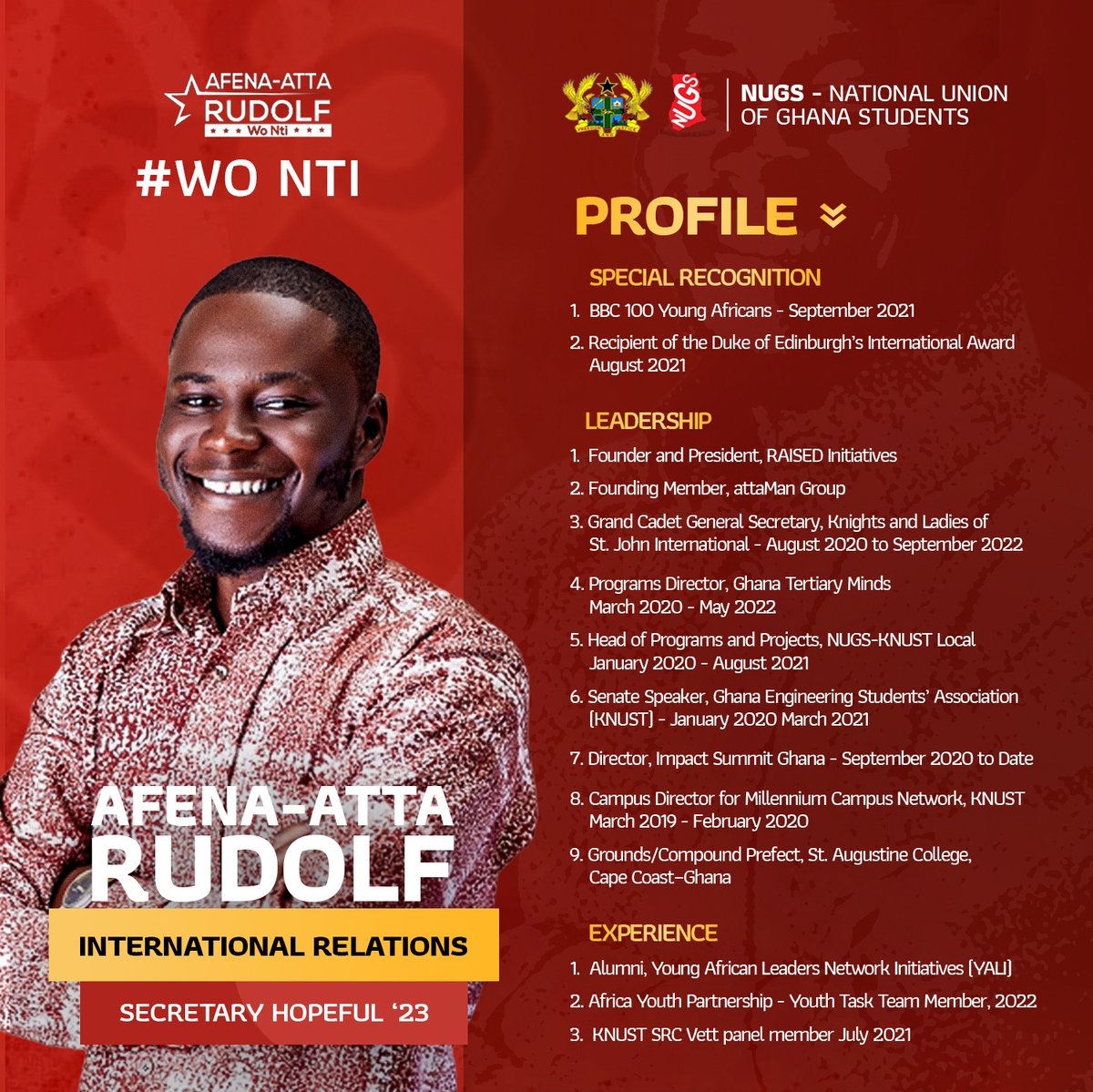 As we approach your doors, seeking your support, it is crucial for you to become acquainted with me so that you can make an informed choice. Allow me to introduce myself and demonstrate my readiness to serve you!
#WonNti
#BecauseOfYou 
#nugsinternationalrelations