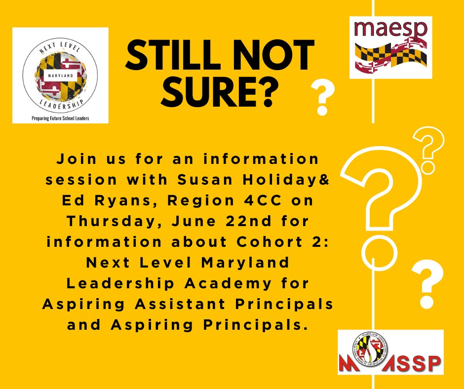 Looking to build your capacity to enhance your leadership skills, develop knowledge & prepare you to interview for a position of assistant principal or principal in MD?  Join us Thursday, 6/22 at 6 pm. Register at maesp.org @maespmd