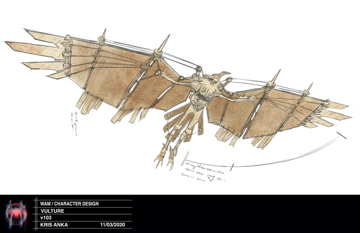 We joked that every designer had to take a turn on the #Vulture  Here are some of the first sketches from my time. It's all a collaborative process, and the only ideas of mine that really stuck were the "notes" that would draw in the air #AcrossTheSpiderVerse