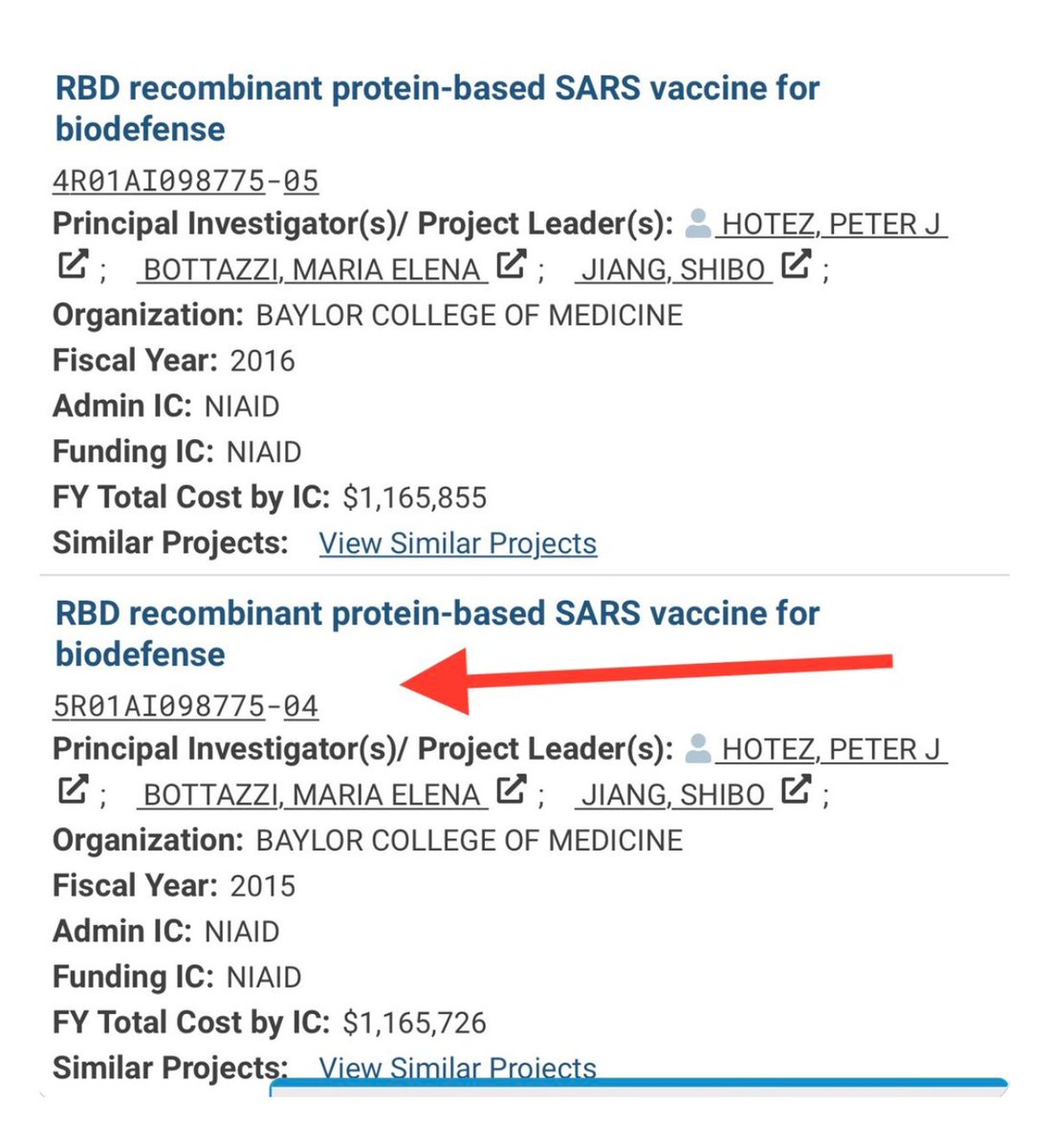 .@NIAIDFunding <a href="/mebottazzi/">Maria Elena Bottazzi</a>  <a href="/PeterHotez/">Prof Peter Hotez MD PhD DSc(hon)</a> grant descriptions years before pandemic anticipated SARS-CoV-2 to be used as an offensive biological threat and C19 RBD-vaccines would be on bio-defense.  All should be questioned along with Fudan collaborators.    reporter.nih.gov/search/WNMviEk…