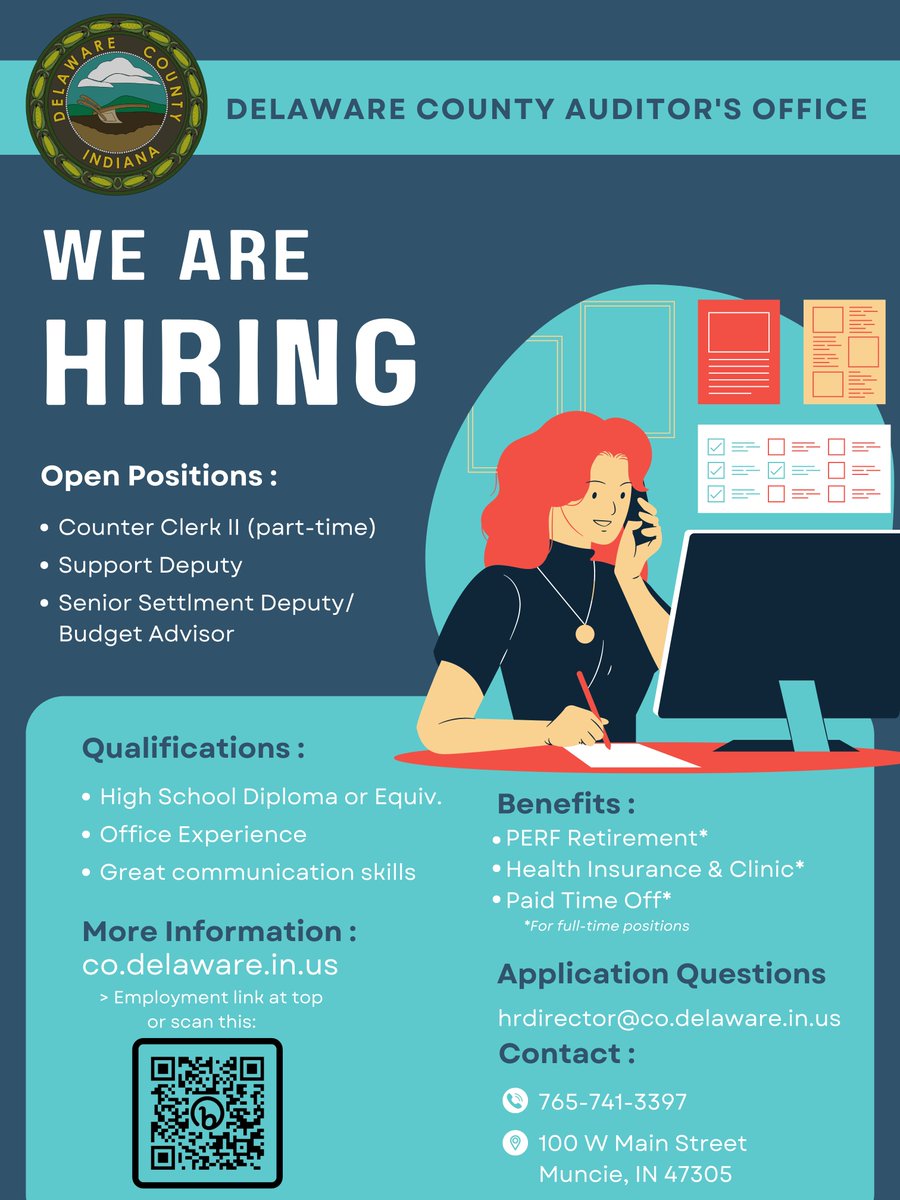 DelawareIndiana's tweet image. The Delaware County Auditor's office has openings for the following positions: Counter Clerk II (part-time), Support Deputy, and Senior Settlement Deputy/Budget Advisor.
For full job postings, visit: bit.ly/DCjobPostings
Application info: bit.ly/3CxMhcr