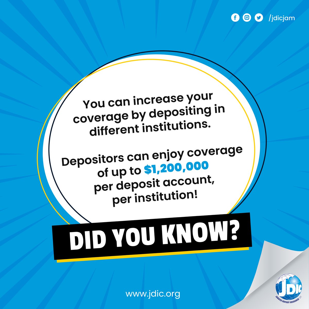 JDICJam's tweet image. Did you know that you can increase your protection by depositing in multiple institutions? 💪🏦💼 With up to $1,200,000 coverage per depositor per institution, you can ensure your hard-earned savings are safeguarded. 🔒 #jdic#depositinsurance