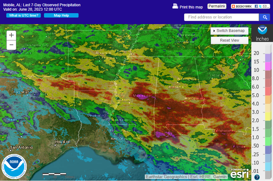 Cirrus_Nearus's tweet photo. The map showing the 7 day observed rainfall ending at 12Z this morning is definitely a visual testament to how active things have been over much of the Deep South this past week, including significant rainfall from Mobile to Pensacola. 9.57" @ my house in W Mobile since 6/14. https://t.co/b2I4pQVOOV