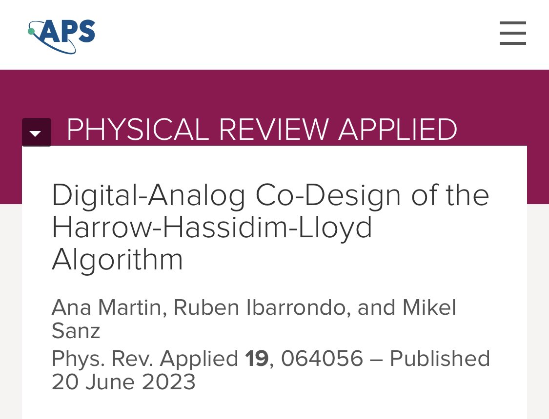 Mikel Sanz (@qmisanz) on Twitter photo New paper today in <a href="/PhysRevApplied/">Physical Review Applied</a> on #DigitalAnalog and #CoDesign of quantum processors for #HHL with the youngest doctor in the group <a href="/quantum_ana/">Ana Martin</a> and the brilliant <a href="/raist272/">Rubén Ibarrondo</a> Congrats!! 💃
link.aps.org/doi/10.1103/Ph…
<a href="/NquireC/">NQUIRE Center</a> <a href="/BCAMBilbao/">BCAM</a> <a href="/Ikerbasque/">Ikerbasque</a> @ehuscientia <a href="/OpenSuperQPlus/">OpenSuperQPlus</a> New paper today in <a href="/PhysRevApplied/">Physical Review Applied</a> on #DigitalAnalog and #CoDesign of quantum processors for #HHL with the youngest doctor in the group <a href="/quantum_ana/">Ana Martin</a> and the brilliant <a href="/raist272/">Rubén Ibarrondo</a> Congrats!! 💃
link.aps.org/doi/10.1103/Ph…
<a href="/NquireC/">NQUIRE Center</a> <a href="/BCAMBilbao/">BCAM</a> <a href="/Ikerbasque/">Ikerbasque</a> @ehuscientia <a href="/OpenSuperQPlus/">OpenSuperQPlus</a>
