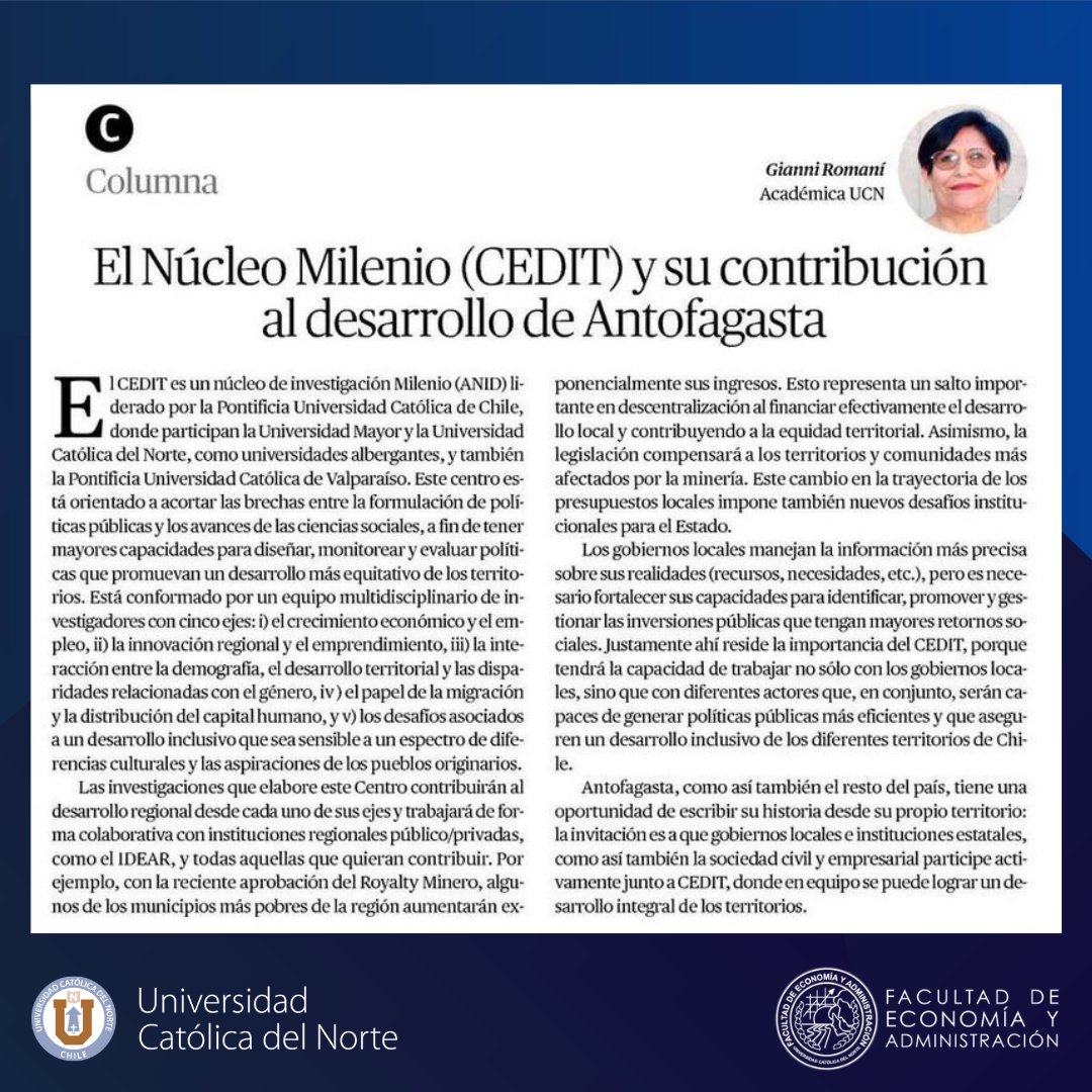 Compartimos la columna de opinión de nuestra académica, directora del <a href="/CEMP_UCN/">CempUCN</a>  y directora de la red de inversionistas <a href="/AngelsAtacama/">Atacama Angels</a>, Gianni Romaní Chocce, que fue publicada durante el fin de semana en El Mercurio de Antofagasta 👏