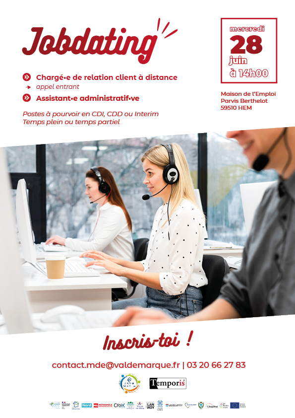 🔔 A vos agendas ! A vos CV ! 🔔
Rendez-vous le 28 juin pour un jobdating avec Temporis pour des postes en administratif et relation client à distance 👌
📍 Maison de l'Emploi et des Services Publics de Hem
🚌 Arrêt de bus Laennec lignes 34 ou 36
