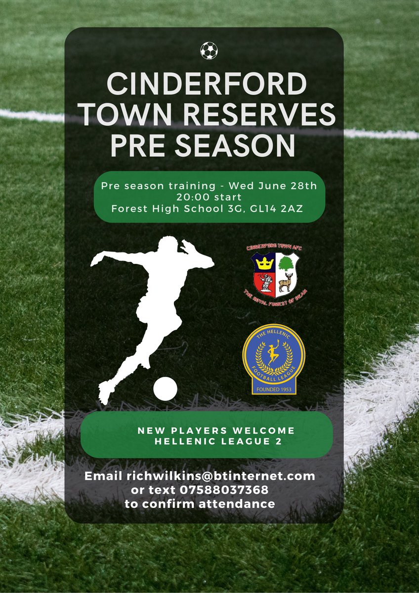 Pre season training for our new reserve team starts next Wednesday evening (28th June). If you fancy a new challenge in Hellenic 2 please don’t hesitate to get in touch ⚽️

⚽️ Hellenic League Division 2
🏠 Games at the Causeway
🏃‍♂️ Progression opportunities to semi pro football