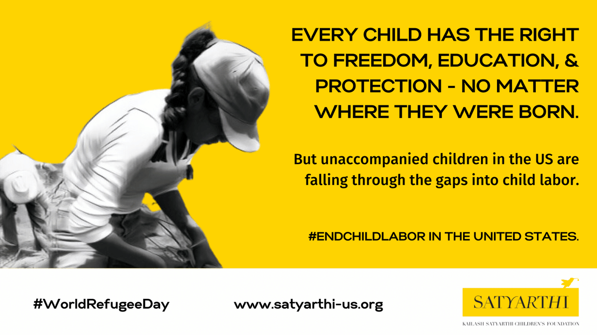 This #WorldRefugeeDay, we call on the #US government to end the exploitation of unaccompanied children arriving in the #UnitedStates in #ChildLabor. Every child has the right to education, freedom, & protection - no matter where they were born. #EndChildLabor @USDOL @HHSGov