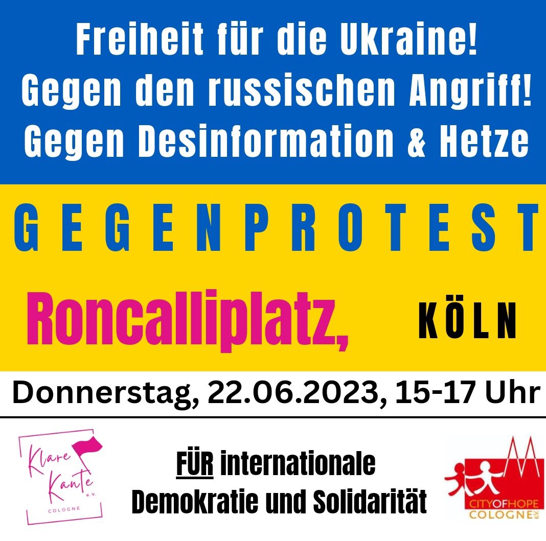 #k2206 -Die #Putinistin Elena #Kolbasnikova will wieder mit einem angeblichen „Gedenken“ Propaganda für den Vernichtungskrieg #Russland s gegen die #Ukraine auf #Köln s Straßen bringen.Wir sagen „Nein“ zu Propaganda für den russischen #Faschismus und „Ja“ zu einer freien #Ukraine