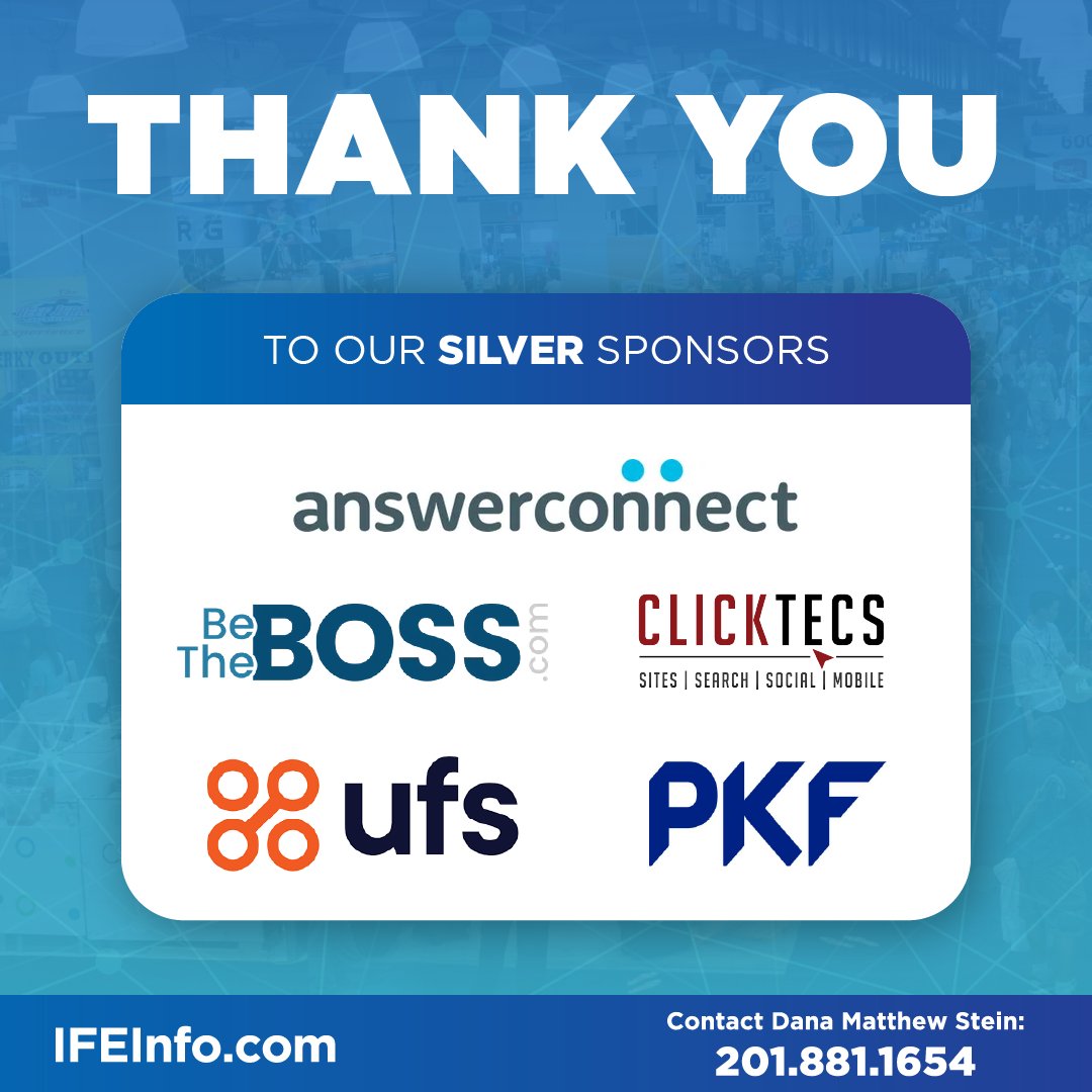 Big thanks to these silver sponsors for making IFE 2023 a huge success!
bit.ly/3oIicDC

#franchiseexpo #InternationalFranchiseExpo #IFE2023 #franchisedevelopment #franchisor #franchising #franchisenetworking #franchisemarketing #franchiseevents #franchiseyourbusiness