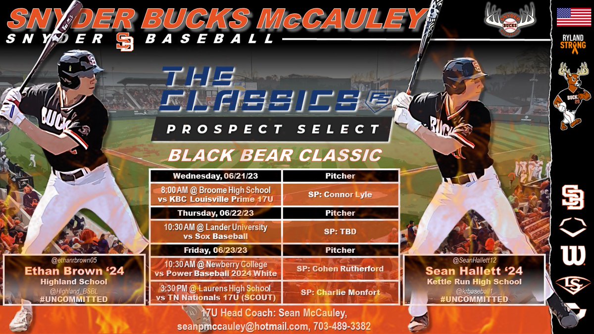 Snyder Baseball (@snyderbaseball) on Twitter photo Snyder Bucks 17U McCauley Schedule
Check out our schedule for the <a href="/PSBaseballinc/">Prospect Select</a> #BlackBearClassic in Greenville, SC.
Games start Wednesday, 6/21 at 8:00 AM at Broome High School. <a href="/C_lyle09/">Connor Lyle</a> gets the start in game #1.
Good Luck Bucks!!!
🦌⚾️🦌 Snyder Bucks 17U McCauley Schedule
Check out our schedule for the <a href="/PSBaseballinc/">Prospect Select</a> #BlackBearClassic in Greenville, SC.
Games start Wednesday, 6/21 at 8:00 AM at Broome High School. <a href="/C_lyle09/">Connor Lyle</a> gets the start in game #1.
Good Luck Bucks!!!
🦌⚾️🦌