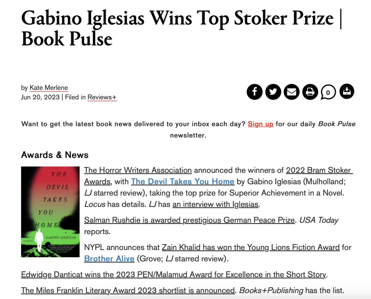 RAforAll's tweet image. Lead story in @LibraryJournal's Daily Book Pulse i all about @Gabino_Iglesias. With links to my review and interview with him from June 2022 issue. The library world loves you back my friend. #HorrorForLibraries

libraryjournal.com/story/stoker-a…