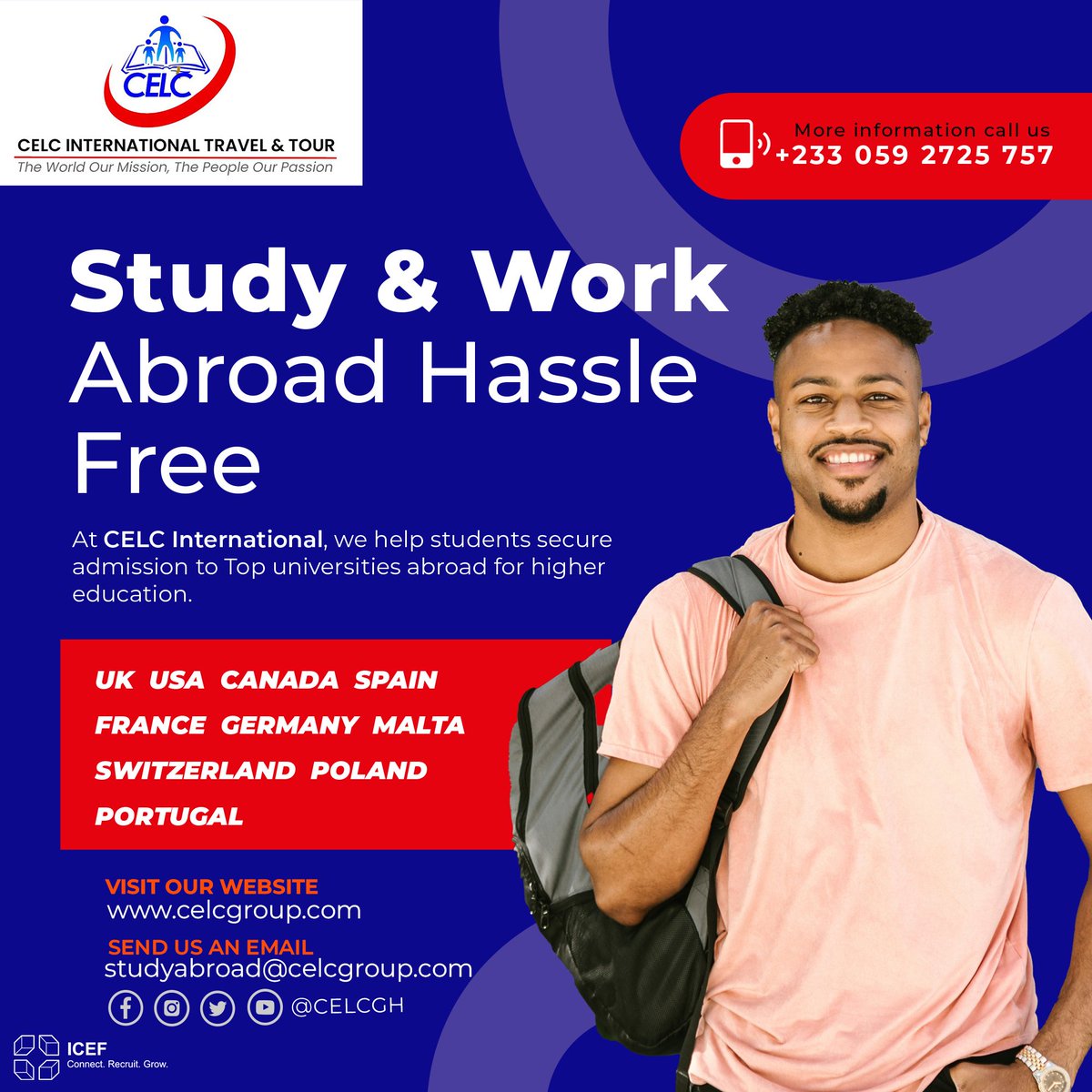 EXPAND YOUR HORIZONS: STUDY AND WORK ABROAD FOR A WORLD 🌎 OF OPPORTUNITIES 

CONTAC US AND GET STARTED
📞
020 382 1113
059 272 5757

#celctravels_int #travelagency #studyabroadconsultants #studytours #studyabroad #studyandworkabroad #studyandwork #traveling #tourism